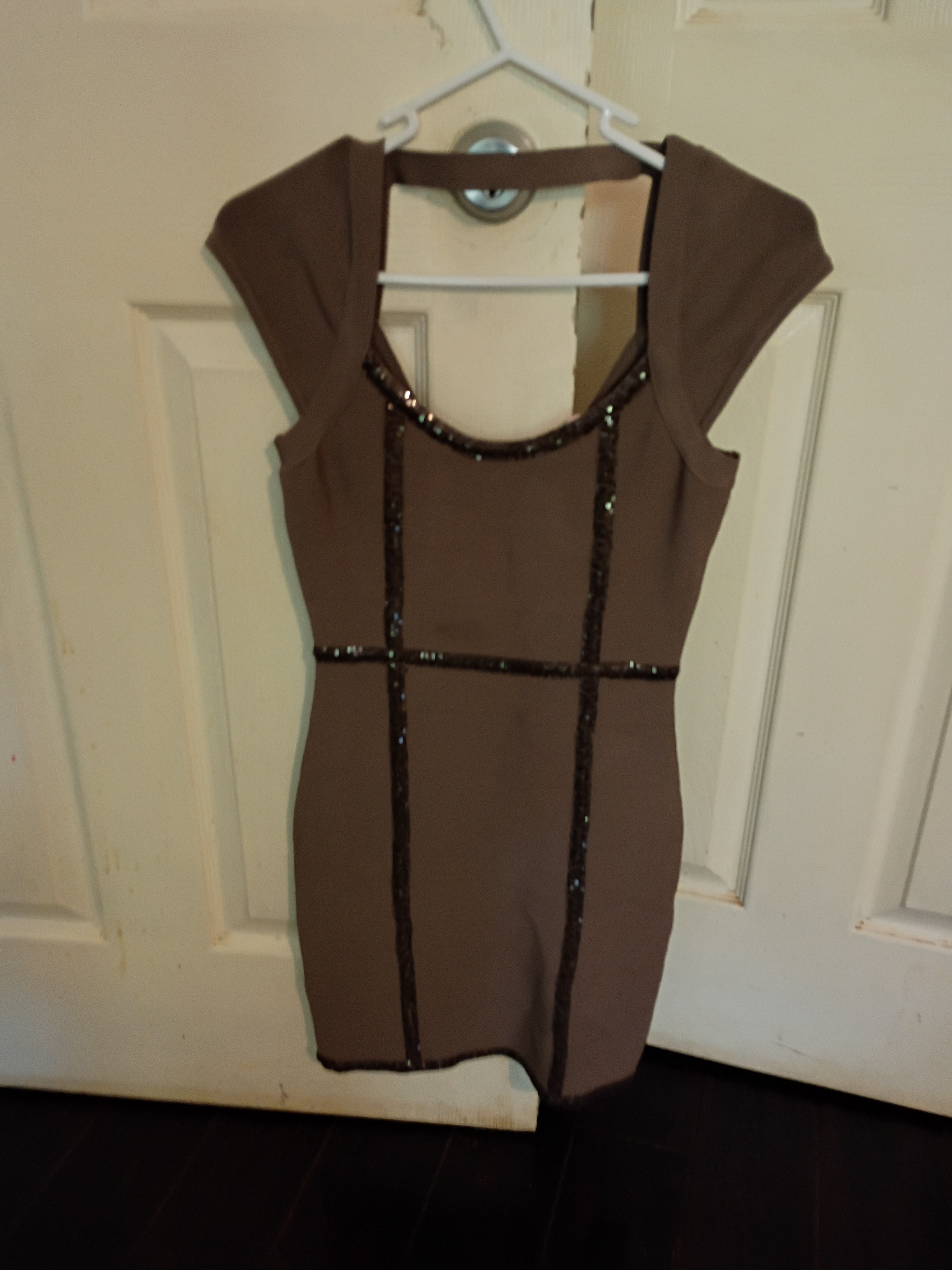 Guess Taupe Maxi Dress With Black Sequin Trim